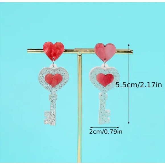 Sparkly Silver Keys Pink Hearts inside Above Dangle Earrings - Picture 4 of 5